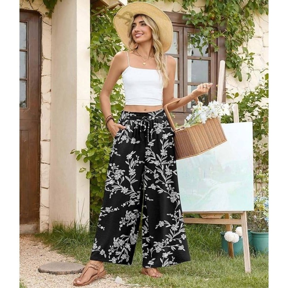 Floral Wide Leg Palazzo Pants Cropped Pockets XL Casual Navy Blue Flowy Boho